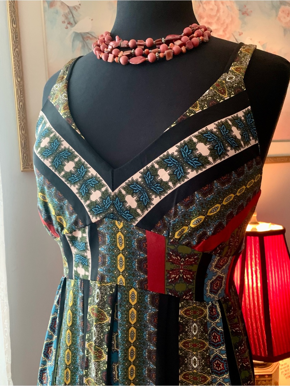 T Tahari NWT Tile Strip Bohemian Patterned V-Neck Maxi Dress